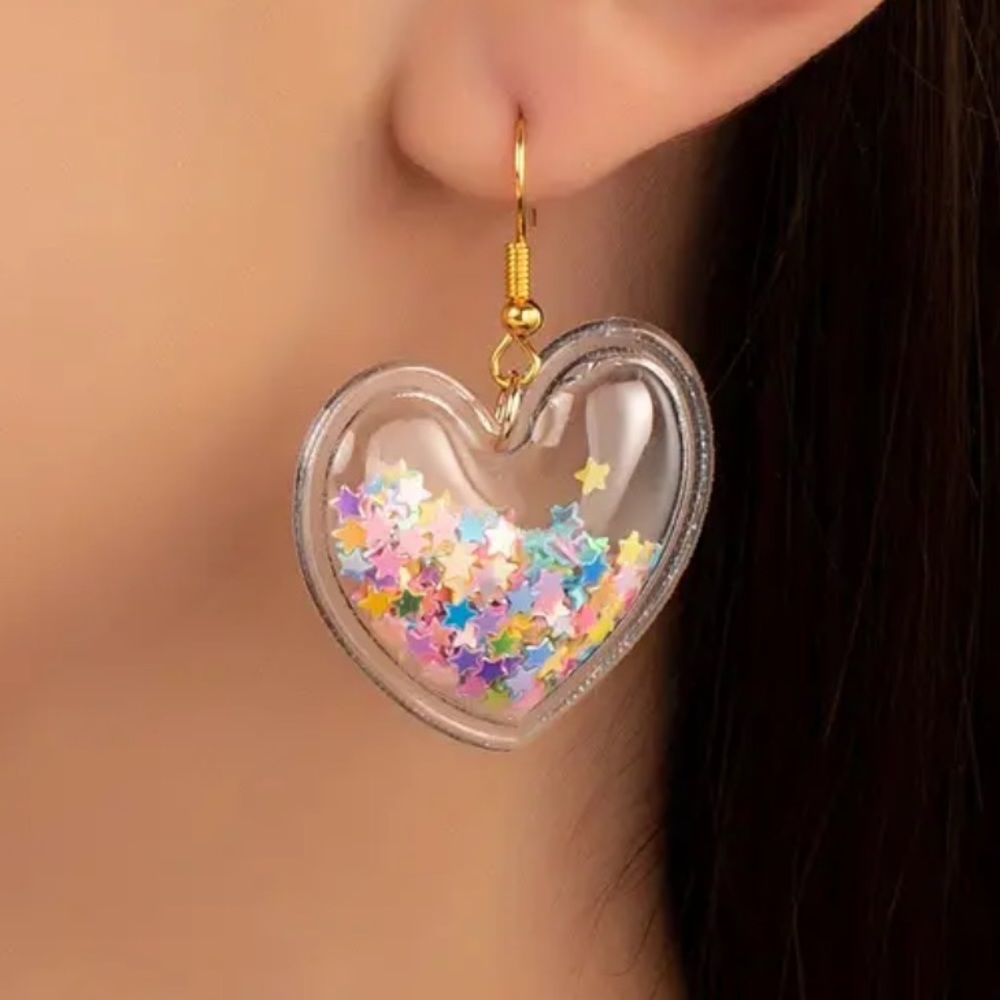 Puffy Clear Heart Earrings filled with Pastel Star Confetti Valentine Love.